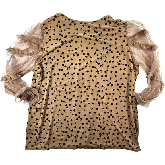 Cato Mixed Fabric Top Tan Black Floral Print Long Net Sleeves Women's Size 18/20 - Picture 3 of 11